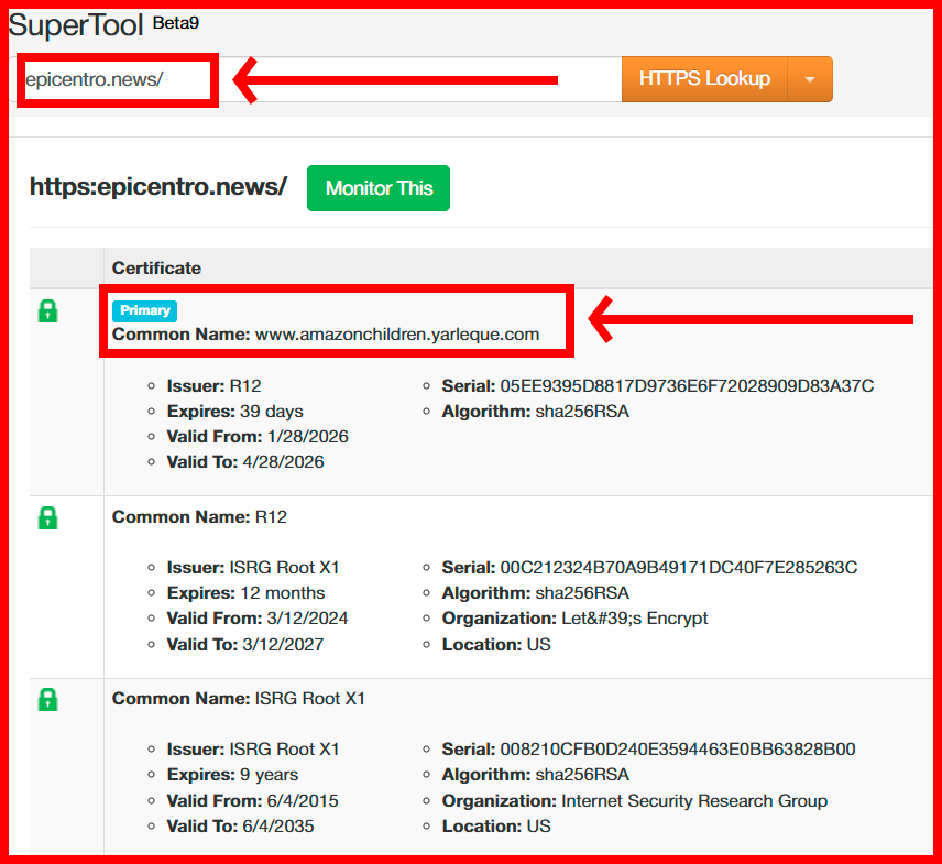 El certificado SSL de epicentro.news es amazonchildren.yarleque.com