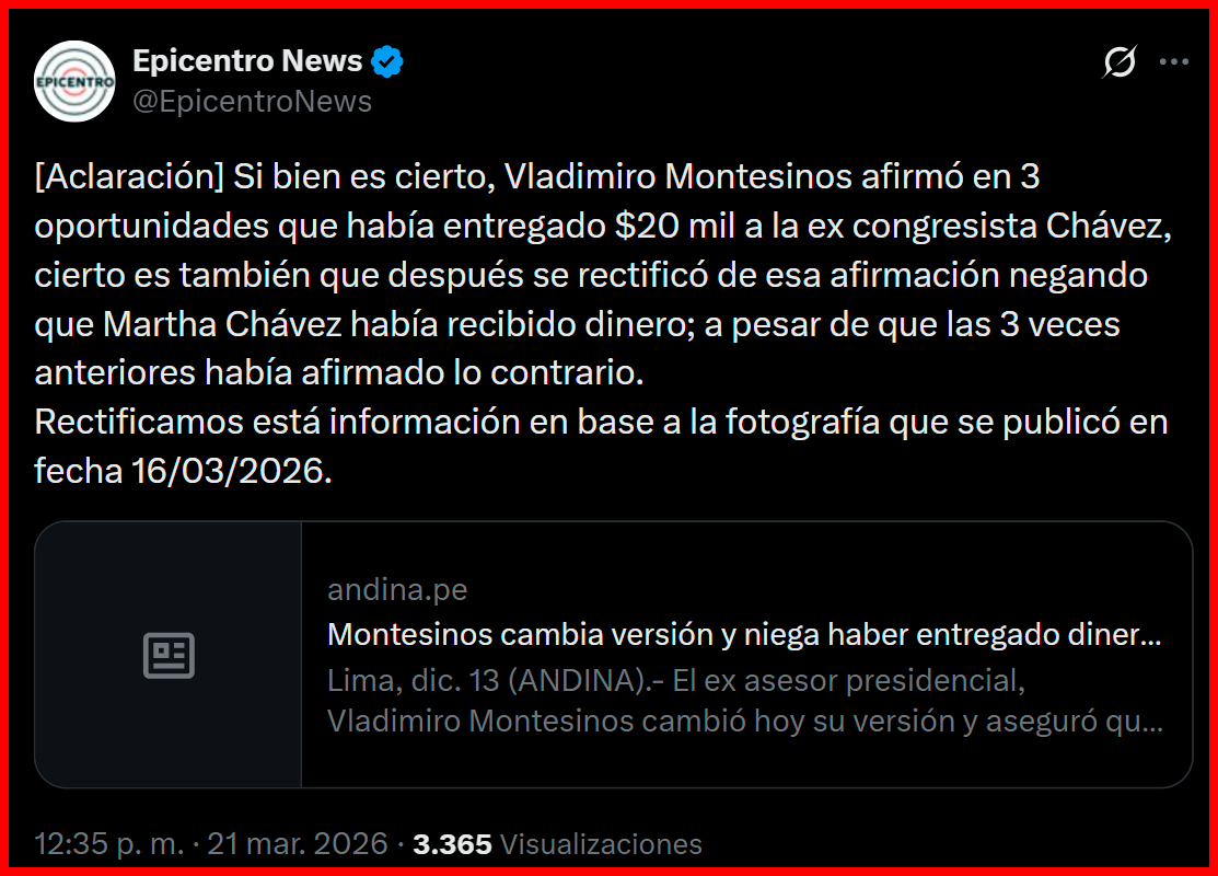 Epicentro News se rectificó sobre lo dicho en alusión a Martha Chávez