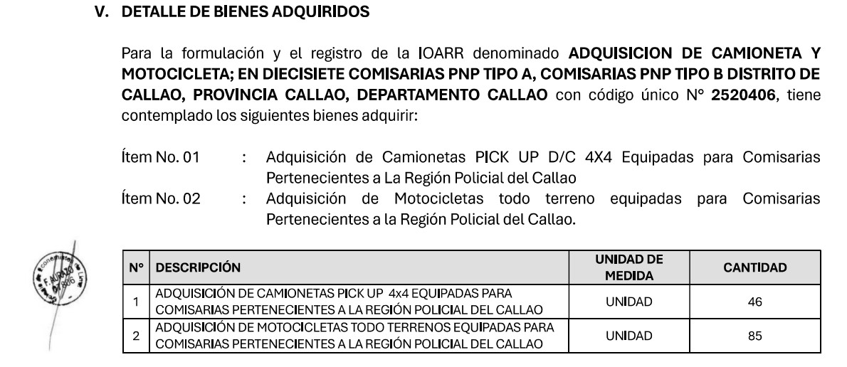 CARACTERÍSTICAS. Detalle de los vehículos adquiridos por el GORE Callao. IMAGEN: Informe Técnico de Cierre N° 001-2026-GRC/GRDNDCYSC-FAR. CARACTERÍSTICAS. Detalle de los vehículos adquiridos por el GORE Callao.